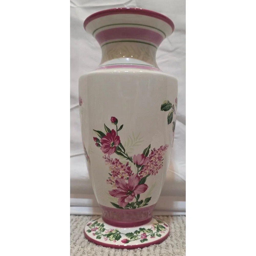 Vintage Laura Ashley Home Floral Ceramic Vase Pink Lilies Daisies Cottagecore